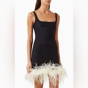 MANURÍ Rinna Ostrich Feather Trim Square Neck Dress Black White Revolve Small